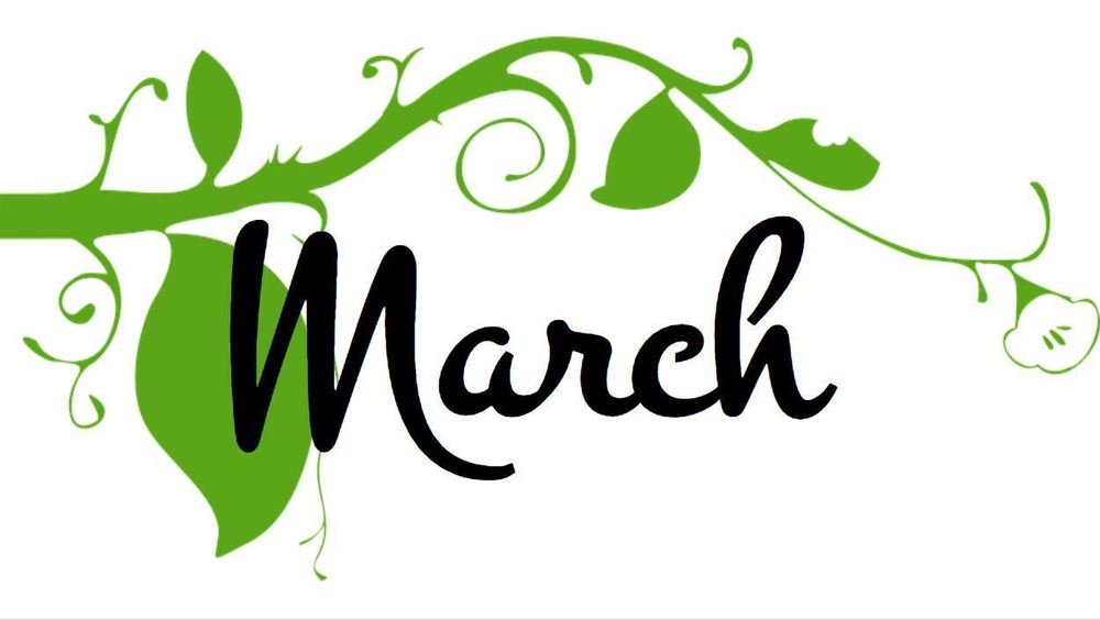 March in black letters on a green leafy branch