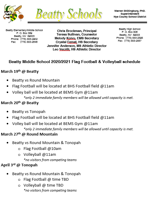 BMS Flag Football and Volleyball 2020 2021 schedule