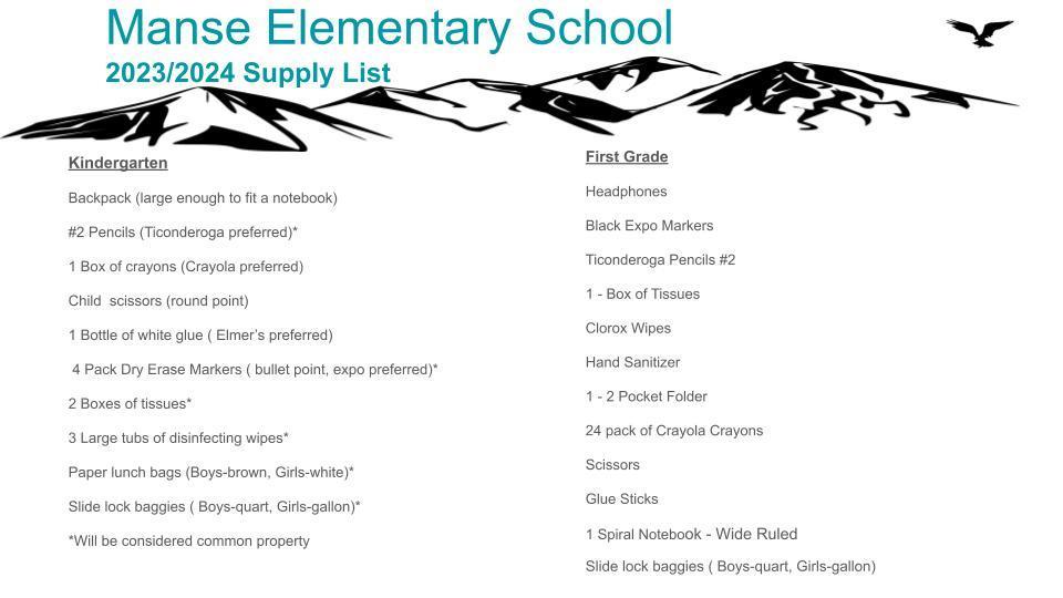 Kindergarten and First Grade Supply List