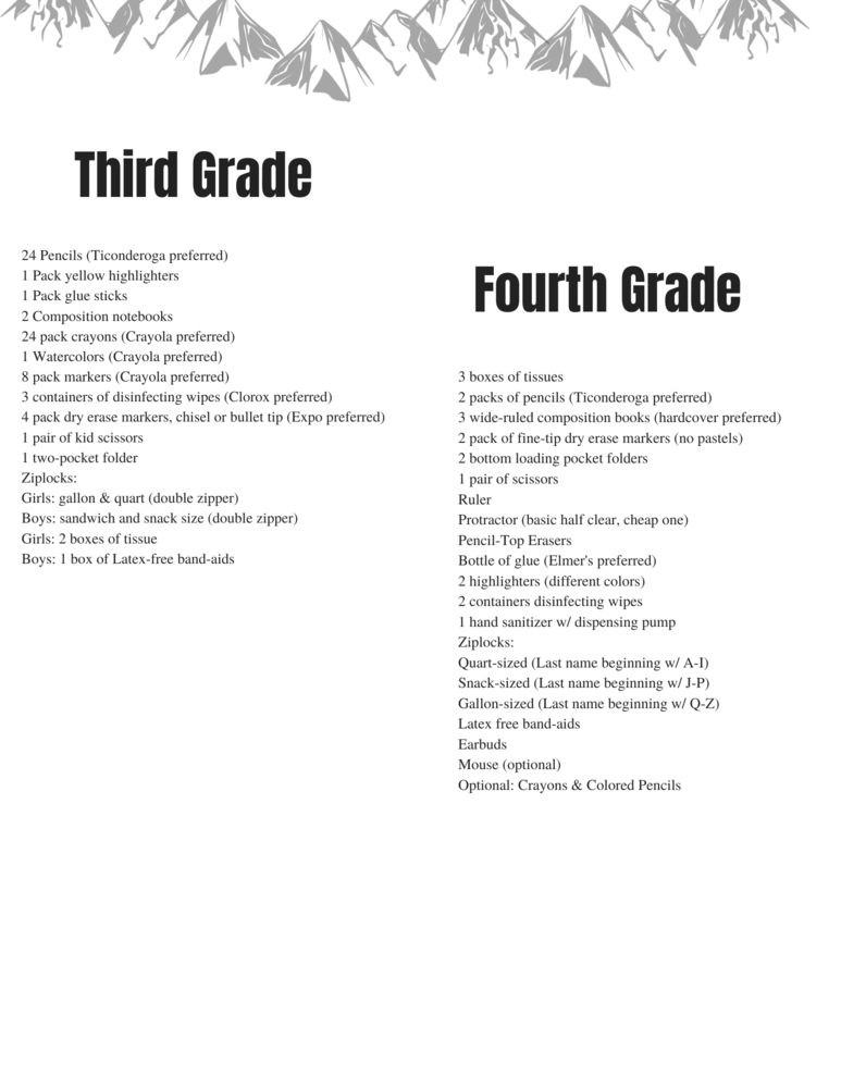 Class Supply List for Third Grade & Fourth Grade