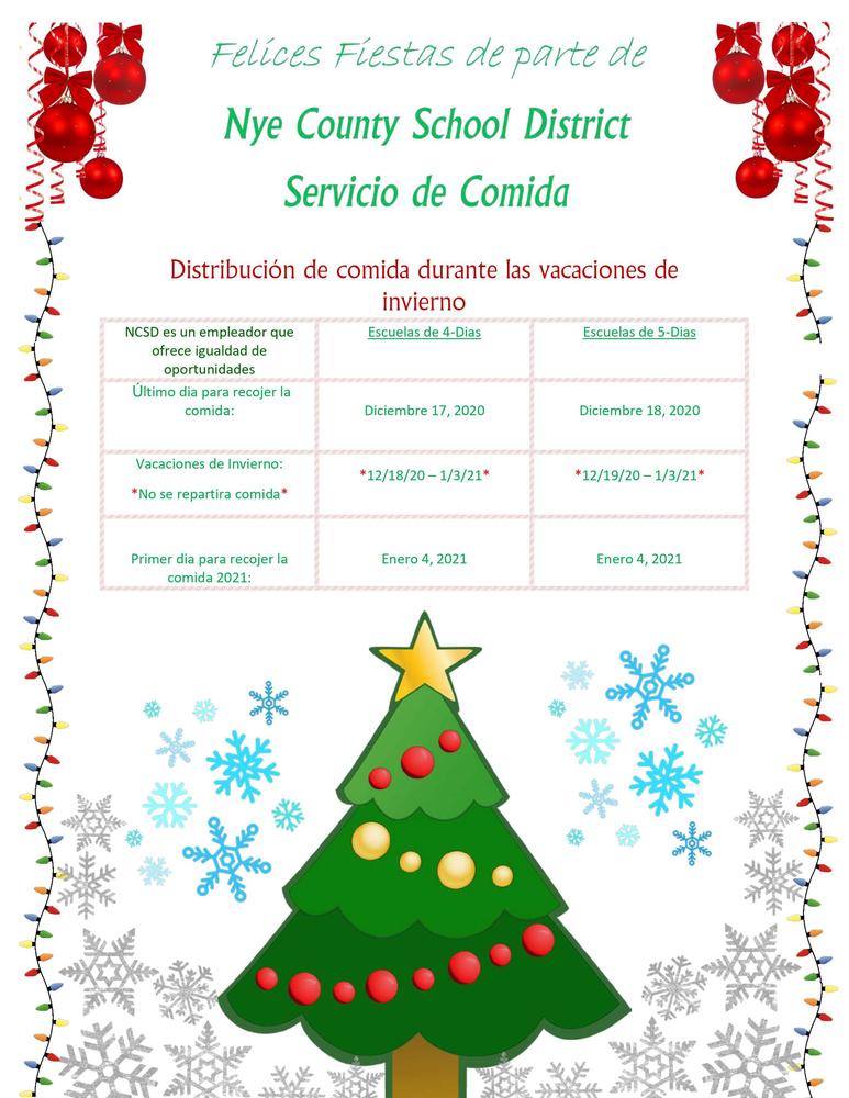 Felices Fiestas de parte de: Nye County School District - Servicio de Comida (Distribucion de comida durante las vacaciones de invierno)