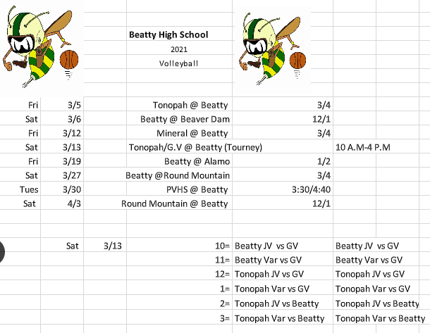 BHS 2020 2021 Volleyball schedule