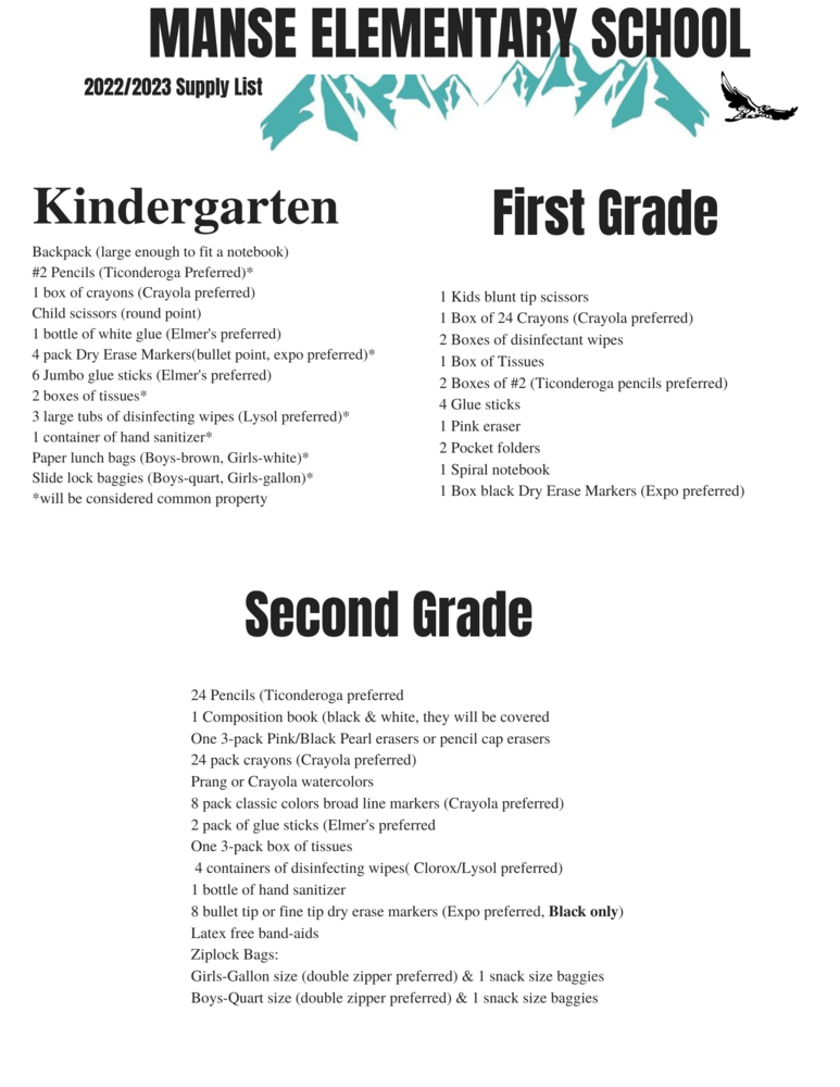 Class supply list for Kindergarten, First Grade, & Second Grade