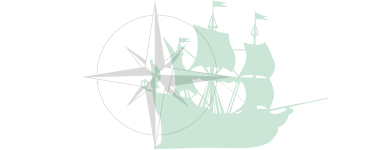 Gray compass rose in front of a green pirate ship