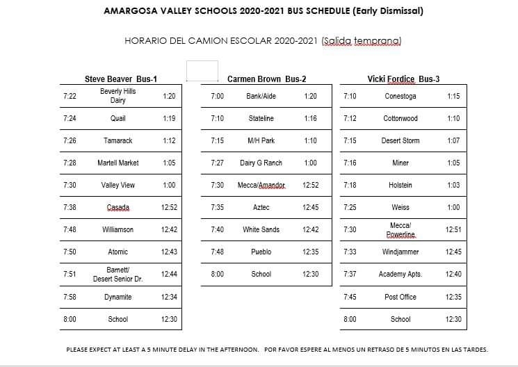 Early Dismissal Bus Schedule