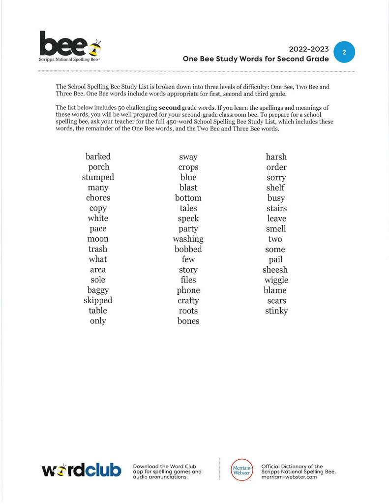 2nd Grade Word List