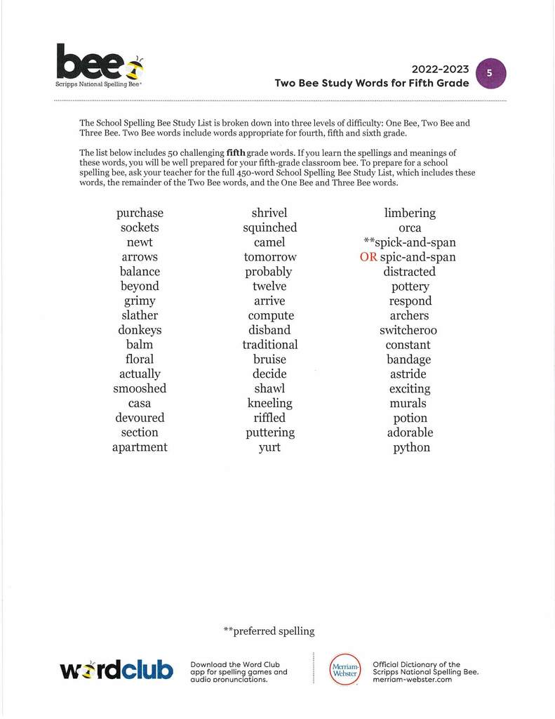 5th Grade Word List